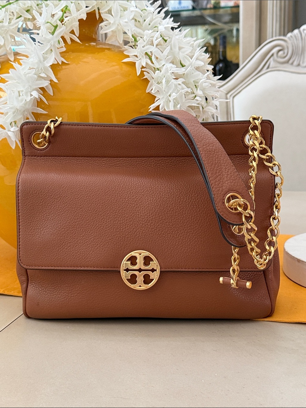 Tory Burch Brown Leather Shoulder Bag with Gold Chain